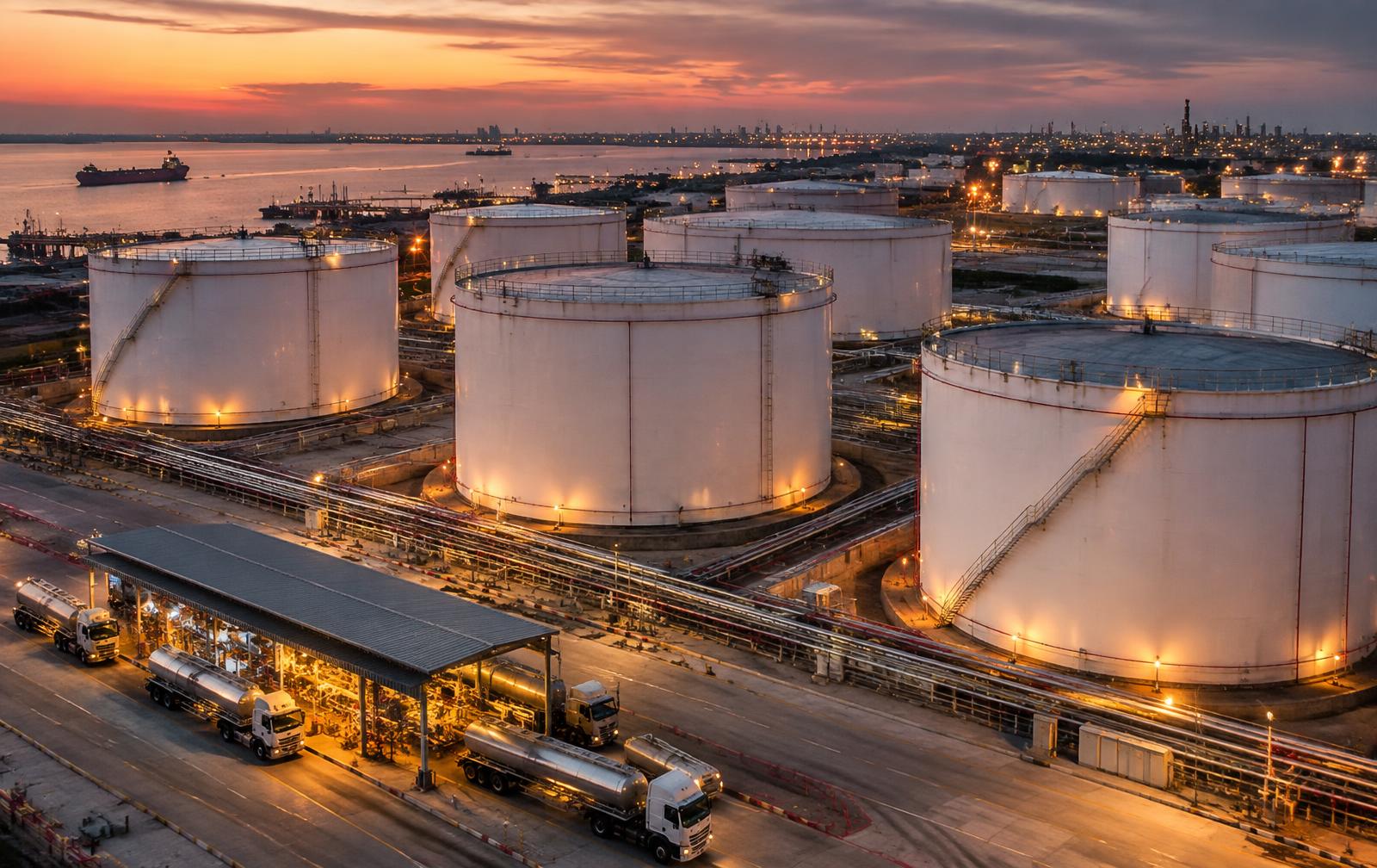 Bulk fuel depot with large storage tanks and tankers loading at dusk