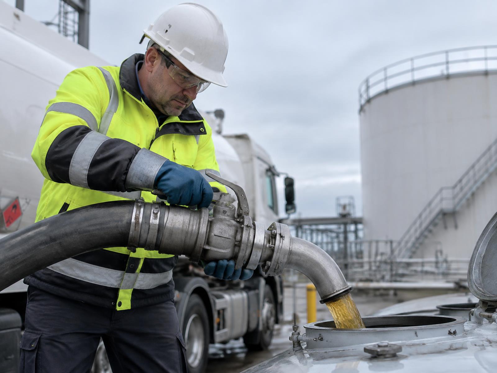 Bulk diesel being transferred through a delivery hose into an industrial storage tank