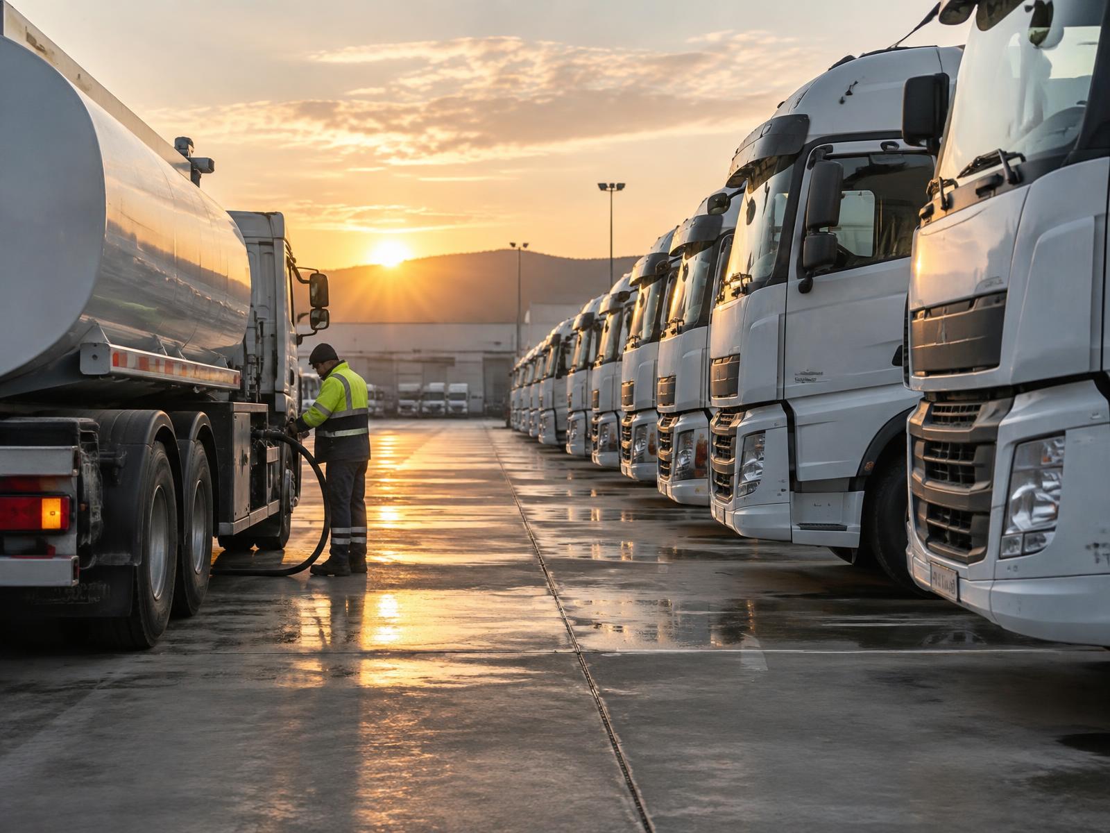 Commercial fleet being refuelled from a petrol tanker in a logistics yard